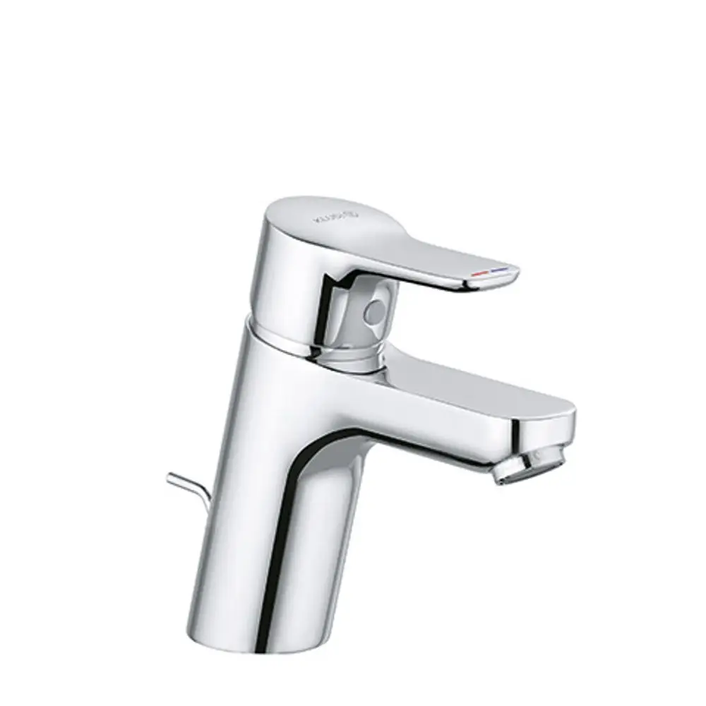 Chromfarbener Wasserhahn von Kludi mit jeweils einem Hebel für die Temperaturregulierung und einen weiteren Hebel für den Ablauf. Modernes Design und kompakte Bauweise.